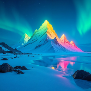 digital artwork of snow-covered mountains glowing under vibrant auroras, reflected in calm water with a twilight sky