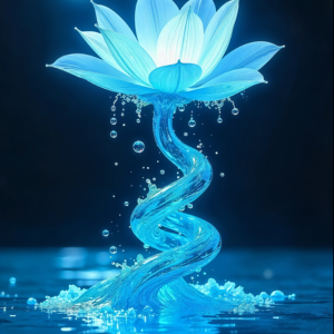 Surreal fantasy artwork of a glowing blue lotus floating above water with luminous droplets and a dark cosmic background