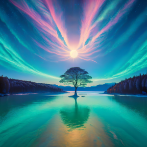 digital artwork of a glowing tree on a small island surrounded by reflective water and vibrant auroras in a twilight mountain landscape