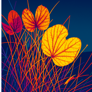 fantasy artwork of vibrant leaves and tall grass in orange, red, and purple hues against a dark twilight mountain background
