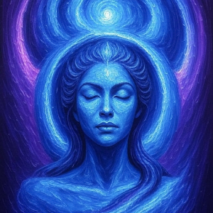 Mystical feminine figure with radiant aura in blue-purple digital artwork