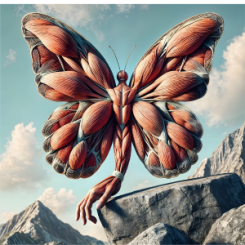 Surreal digital artwork of a butterfly-human hybrid with muscular anatomy, standing on a rock in a mountain landscape under a cloudy sky.